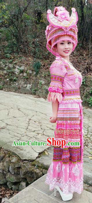 Traditional Chinese Miao Nationality Pink Dress Minority Ethnic Folk Dance Costume for Women
