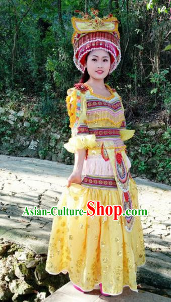 Chinese Traditional Miao Nationality Yellow Dress Minority Ethnic Folk Dance Costume for Women