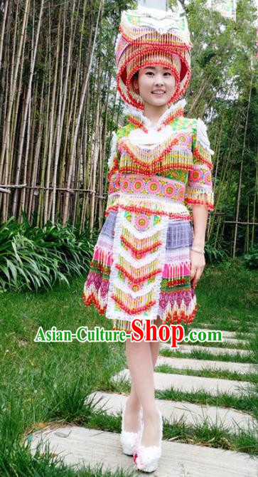Traditional Chinese Miao Nationality Short Pleated Dress Minority Ethnic Folk Dance Costume and Hat for Women
