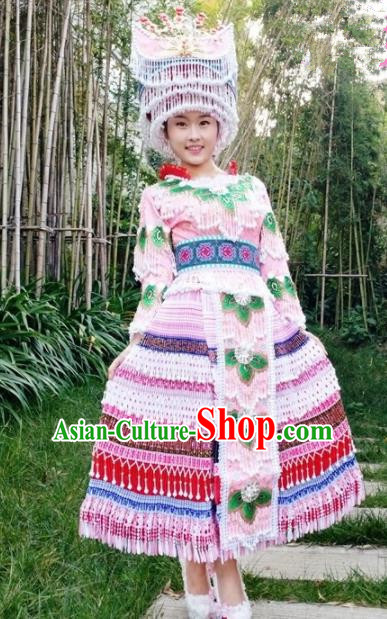 Traditional Chinese Miao Nationality Pink Pleated Dress Minority Ethnic Folk Dance Costume and Hat for Women