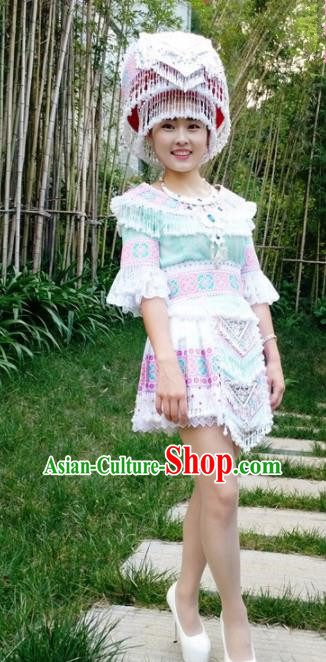 Traditional Chinese Miao Nationality Green Short Pleated Dress Minority Ethnic Folk Dance Costume and Hat for Women