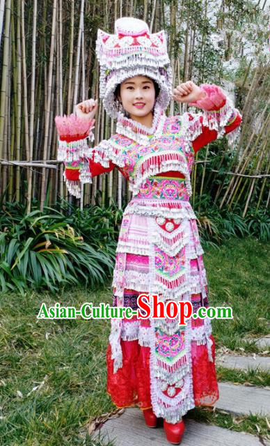 Traditional Chinese Miao Nationality Red Veil Dress Minority Ethnic Folk Dance Costume for Women