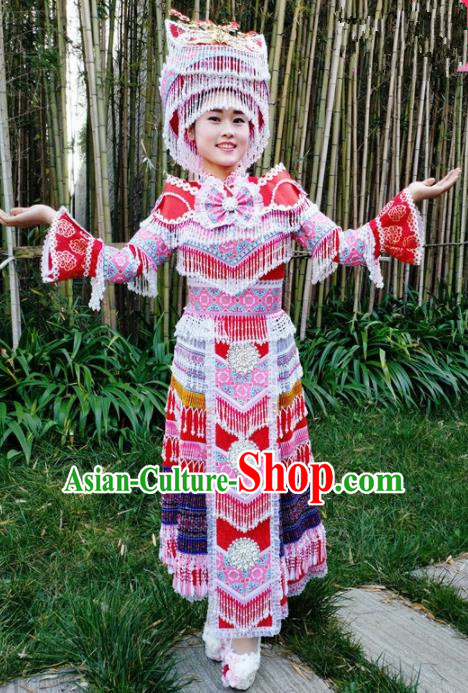 Traditional Chinese Miao Nationality Folk Dance Red Dress Minority Ethnic Wedding Stage Performance Costume for Women