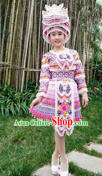 Chinese Traditional Miao Nationality Light Purple Short Dress Minority Ethnic Folk Dance Costume for Women