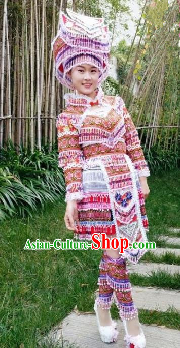 Chinese Traditional Miao Nationality Red Short Dress Minority Ethnic Folk Dance Costume for Women