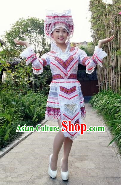 Traditional Chinese Miao Nationality Folk Dance White Short Dress Minority Ethnic Wedding Stage Performance Costume for Women