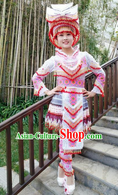 Traditional Chinese Miao Nationality Folk Dance Beads Tassel Short Dress Minority Ethnic Wedding Stage Performance Costume for Women