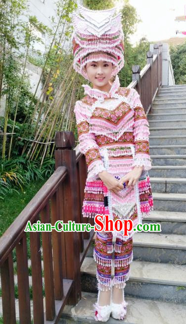 Traditional Chinese Miao Nationality Folk Dance Beads Tassel Pink Short Dress Minority Ethnic Wedding Stage Performance Costume for Women