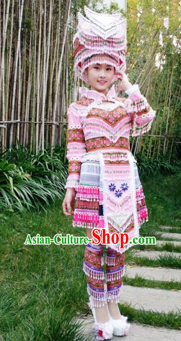 Traditional Chinese Miao Nationality Folk Dance Beads Tassel Pink Short Dress Minority Ethnic Wedding Stage Performance Costume for Women