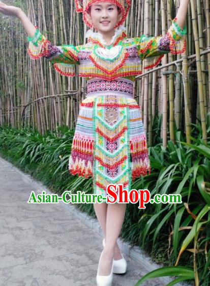 Chinese Traditional Miao Nationality Green Beads Short Dress Minority Ethnic Folk Dance Costume for Women