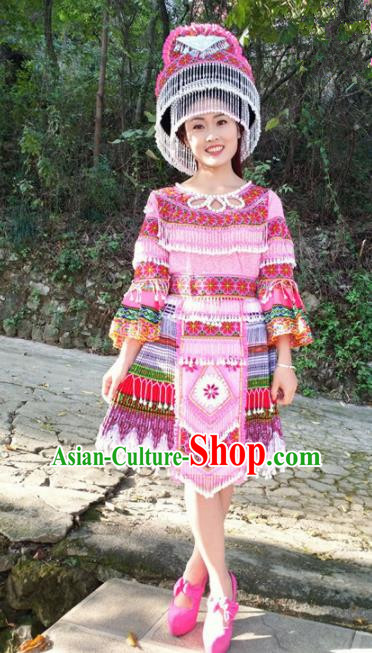 Chinese Traditional Miao Nationality Pink Short Dress Minority Ethnic Folk Dance Costume for Women