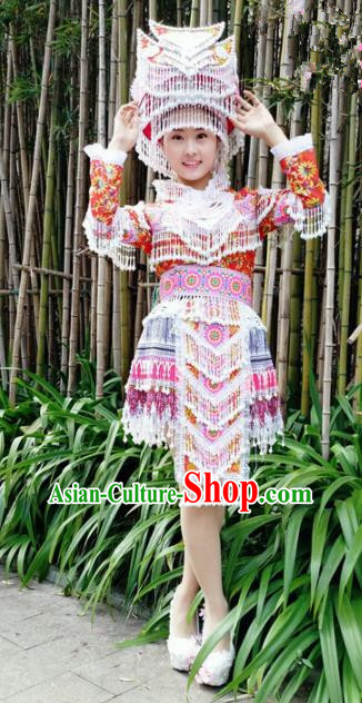 Traditional Chinese Miao Nationality Bride Red Short Dress Minority Ethnic Folk Dance Costume for Women