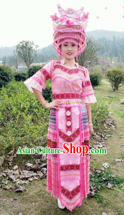 Traditional Chinese Miao Nationality Stage Performance Costume Minority Ethnic Folk Dance Pink Dress and Hat for Women