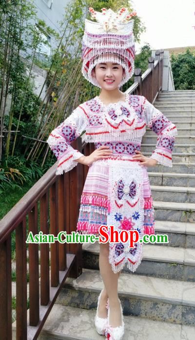 Traditional Chinese Minority Ethnic Folk Dance Short Dress Miao Nationality Stage Performance Costume and Hat for Women