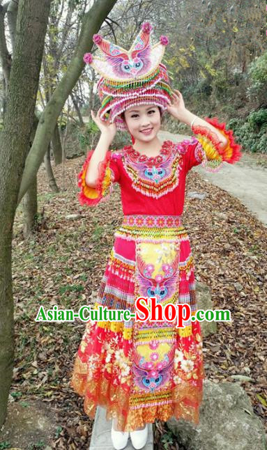 Traditional Chinese Miao Nationality Embroidered Red Dress Minority Ethnic Folk Dance Stage Performance Costume for Women