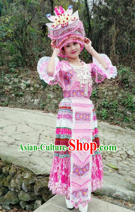Traditional Chinese Minority Ethnic Folk Dance Embroidery Pink Dress Miao Nationality Stage Performance Costume and Hat for Women