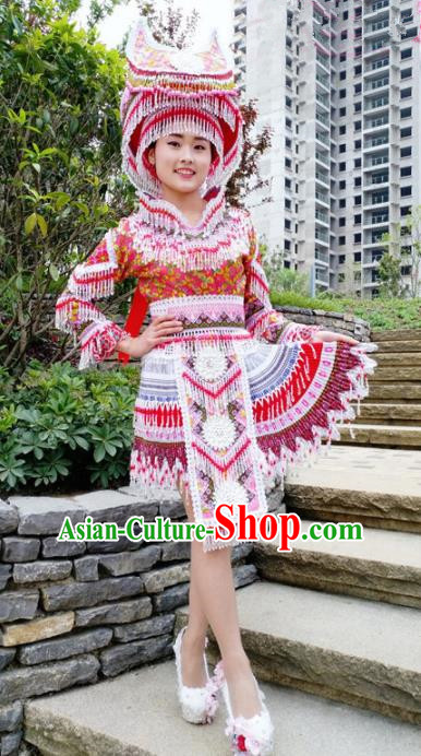 Traditional Chinese Minority Ethnic Folk Dance Embroidery Short Dress Miao Nationality Stage Performance Costume and Hat for Women