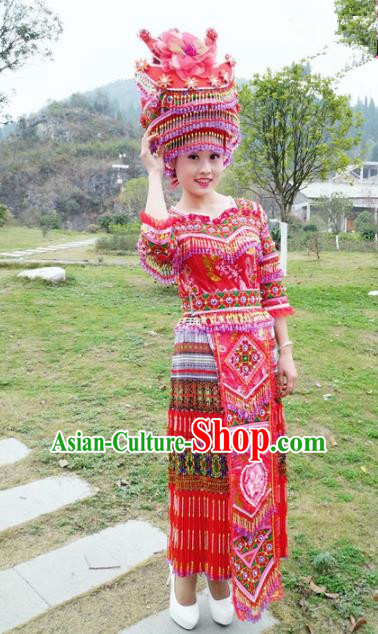 Traditional Chinese Miao Nationality Bride Embroidered Red Dress Minority Ethnic Folk Dance Stage Performance Costume for Women