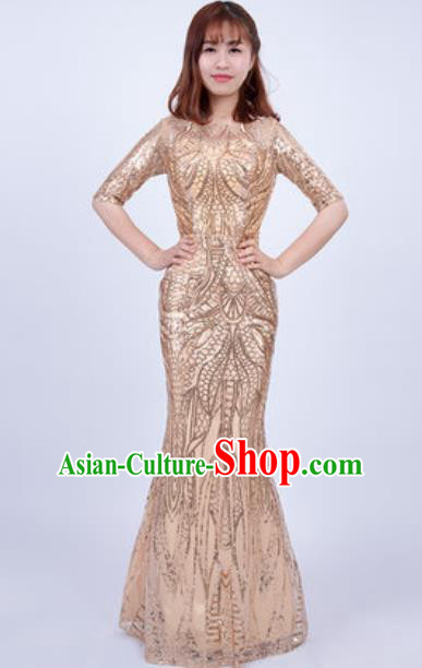 Top Grade Stage Performance Golden Full Dress Compere Modern Fancywork Modern Dance Costume for Women