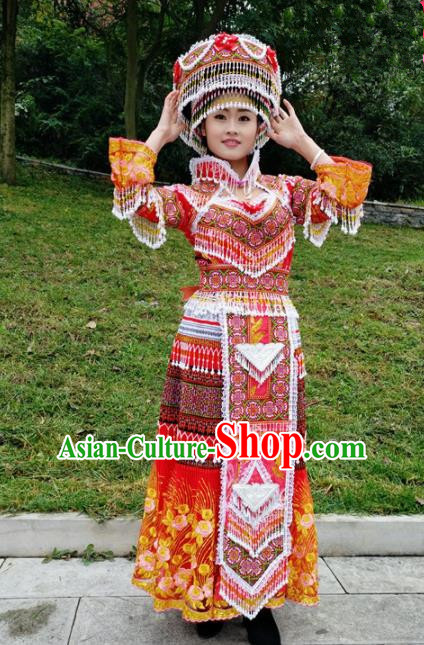 Traditional Chinese Miao Nationality Bride Embroidered Red Long Dress Minority Ethnic Folk Dance Stage Performance Costume for Women