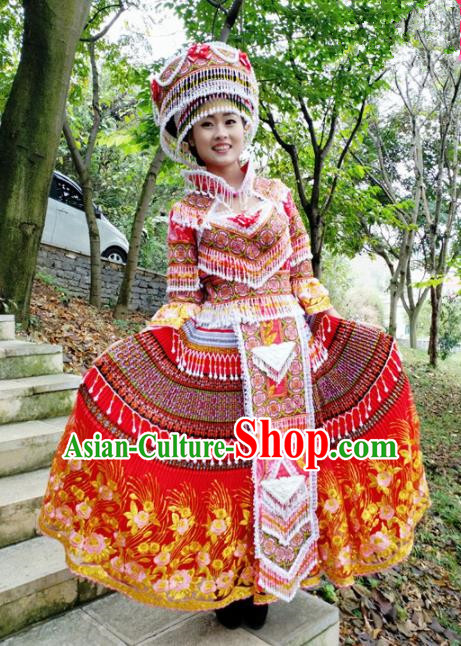 Traditional Chinese Miao Nationality Bride Embroidered Red Long Dress Minority Ethnic Folk Dance Stage Performance Costume for Women