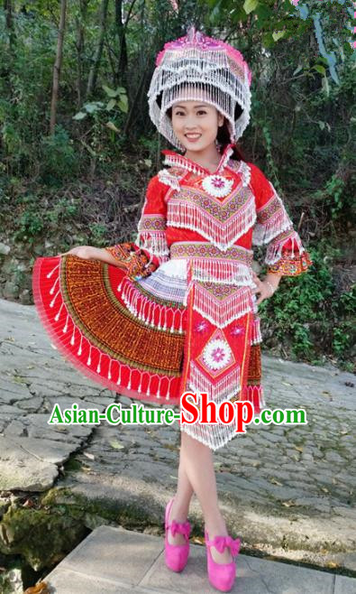 Traditional Chinese Miao Nationality Female Embroidered Red Short Dress Minority Ethnic Folk Dance Stage Performance Costume for Women