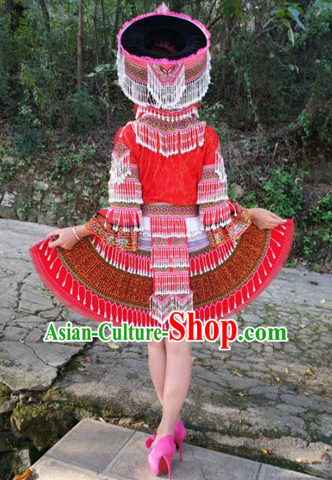 Traditional Chinese Miao Nationality Female Embroidered Red Short Dress Minority Ethnic Folk Dance Stage Performance Costume for Women