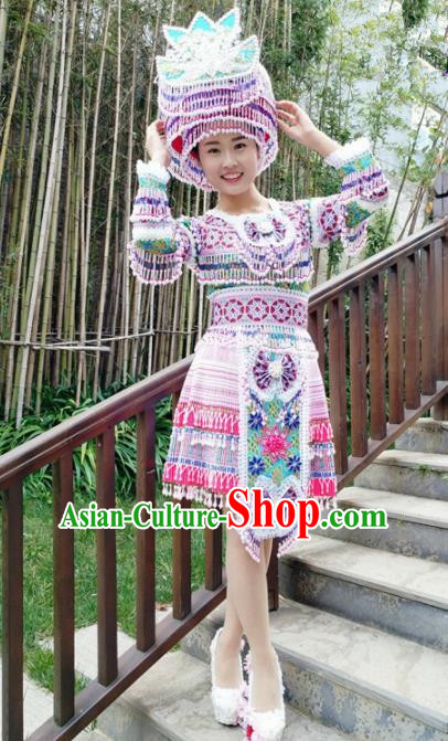 Traditional Chinese Miao Nationality Female Short Dress Minority Ethnic Folk Dance Stage Performance Costume and Hat for Women