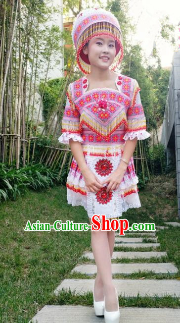Traditional Chinese Miao Nationality Female Costume Minority Ethnic Folk Dance Stage Performance Short Dress and Hat for Women