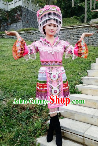 Traditional Chinese Miao Nationality Female Pink Costume Minority Ethnic Folk Dance Stage Performance Short Dress and Hat for Women