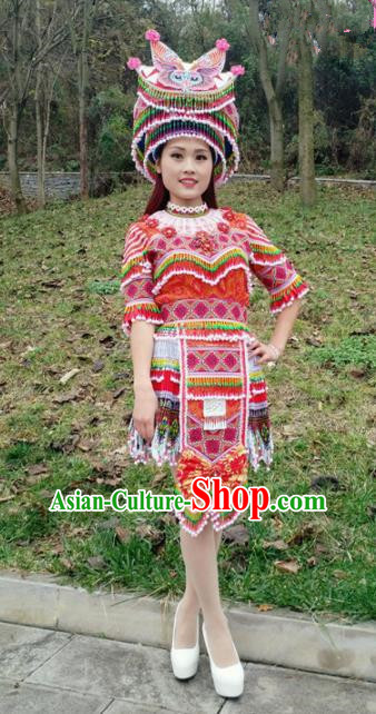 Traditional Chinese Miao Nationality Female Red Costume Minority Ethnic Folk Dance Stage Performance Short Dress and Hat for Women