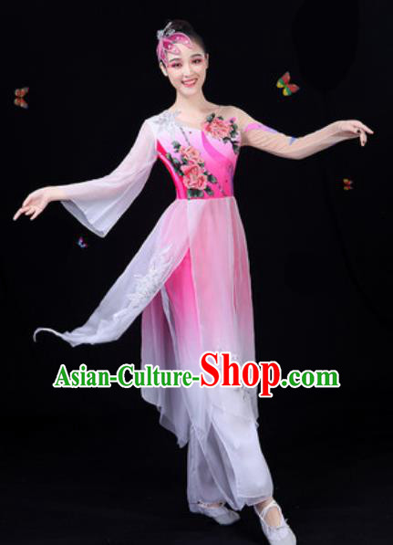 Traditional Chinese Classical Dance Rosy Dress Umbrella Dance Group Dance Stage Performance Costume for Women