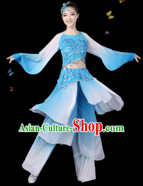 Traditional Chinese Classical Dance Blue Clothing Umbrella Dance Group Dance Stage Performance Costume for Women