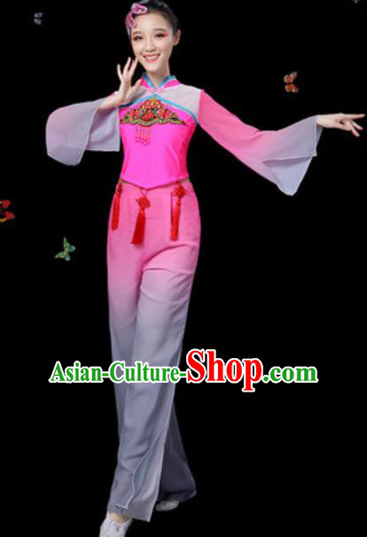 Traditional Chinese Yangko Group Dance Rosy Clothing Folk Dance Fan Dance Stage Performance Costume for Women