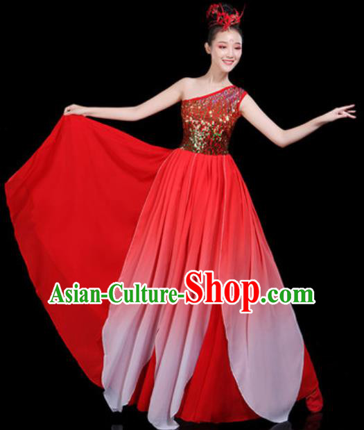 Traditional Chinese Spring Festival Gala Opening Dance Red Paillette Dress Modern Dance Stage Performance Costume for Women