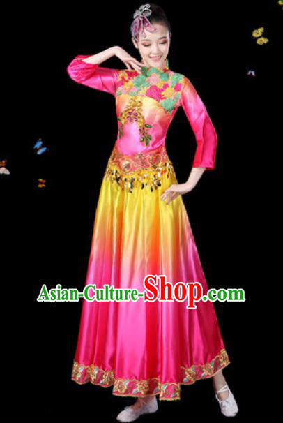 Traditional Chinese Classical Dance Chorus Rosy Dress Umbrella Dance Group Dance Stage Performance Costume for Women