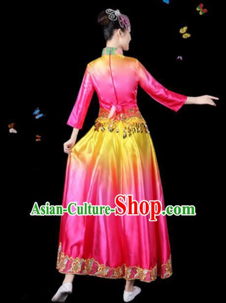 Traditional Chinese Classical Dance Chorus Rosy Dress Umbrella Dance Group Dance Stage Performance Costume for Women