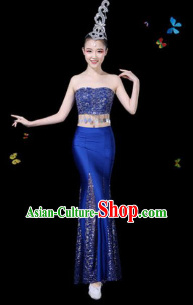 Traditional Chinese Minority Ethnic Peacock Dance Royalblue Dress Dai Nationality Stage Performance Costume for Women
