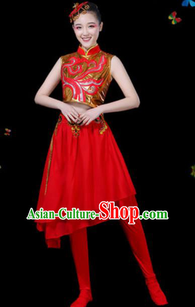 Traditional Chinese Yangko Group Dance Red Veil Dress Folk Dance Drum Dance Stage Performance Costume for Women