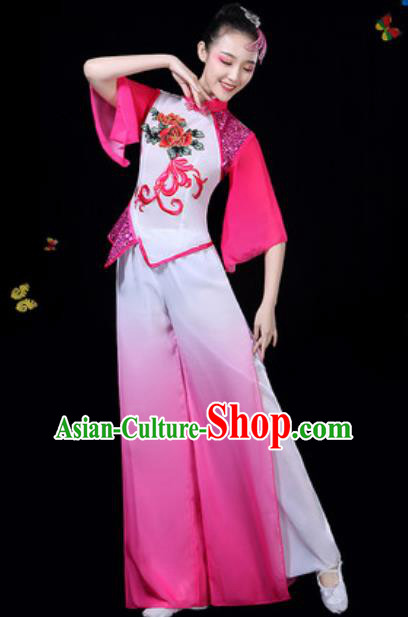 Traditional Chinese Group Dance Yangko Rosy Clothing Folk Dance Fan Dance Stage Performance Costume for Women