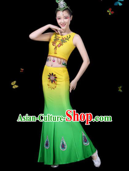 Traditional Chinese Minority Ethnic Peacock Dance Gradient Yellow Dress Dai Nationality Stage Performance Costume for Women