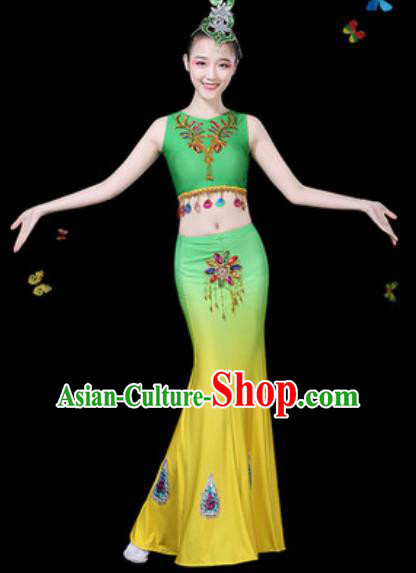 Traditional Chinese Minority Ethnic Peacock Dance Gradient Green Dress Dai Nationality Stage Performance Costume for Women