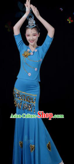 Traditional Chinese Minority Ethnic Peacock Dance Blue Dress Dai Nationality Stage Performance Costume for Women