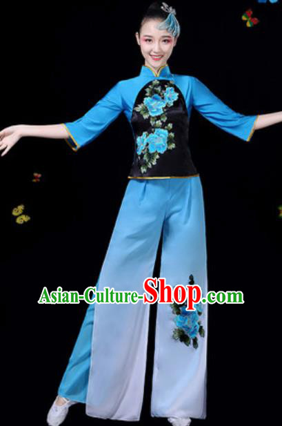 Traditional Chinese Group Dance Yangko Blue Clothing Folk Dance Fan Dance Stage Performance Costume for Women