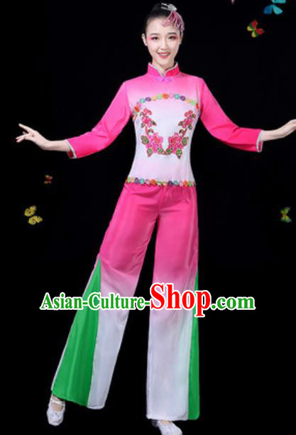 Traditional Chinese Group Dance Yangko Pink Clothing Folk Dance Fan Dance Stage Performance Costume for Women