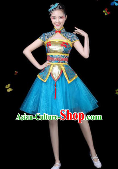 Traditional Chinese Yangko Blue Dress Folk Dance Drum Dance Stage Performance Costume for Women