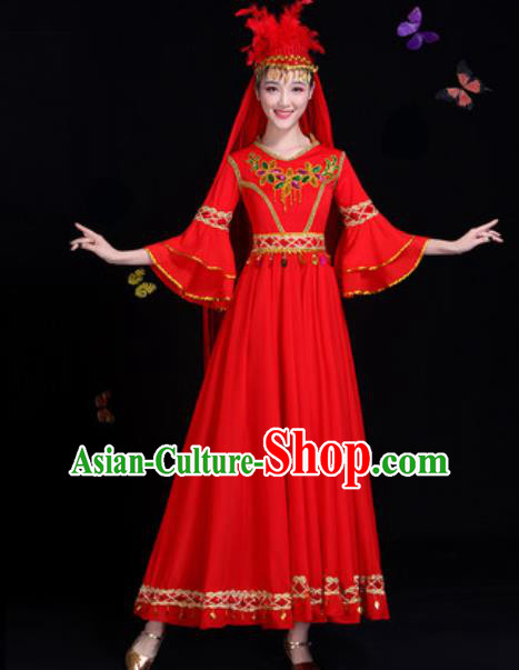 Traditional Chinese Minority Ethnic Red Dress Uyghur Nationality Dance Stage Performance Costume for Women