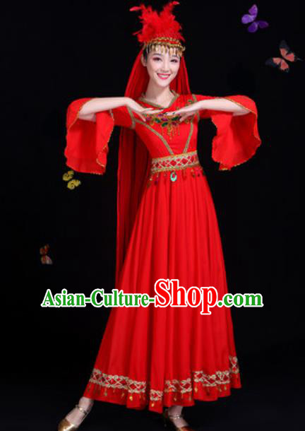 Traditional Chinese Minority Ethnic Red Dress Uyghur Nationality Dance Stage Performance Costume for Women