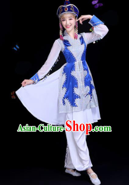 Traditional Chinese Minority Ethnic Blue Dress Mongol Nationality Dance Stage Performance Costume for Women