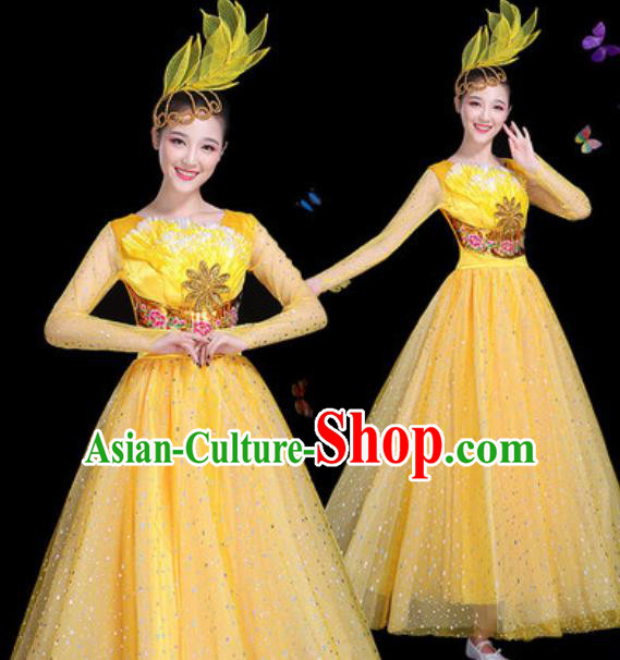 Traditional Chinese Modern Dance Yellow Veil Dress Spring Festival Gala Opening Dance Stage Performance Costume for Women